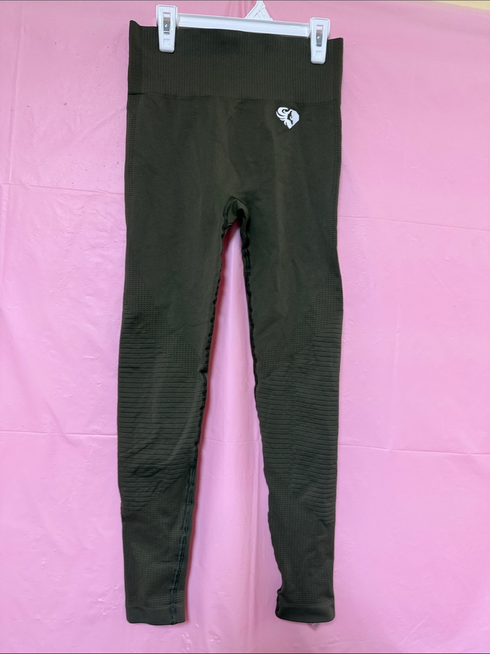 High-Rise Olive Green Ribbed Leggings with Subtle Logo
